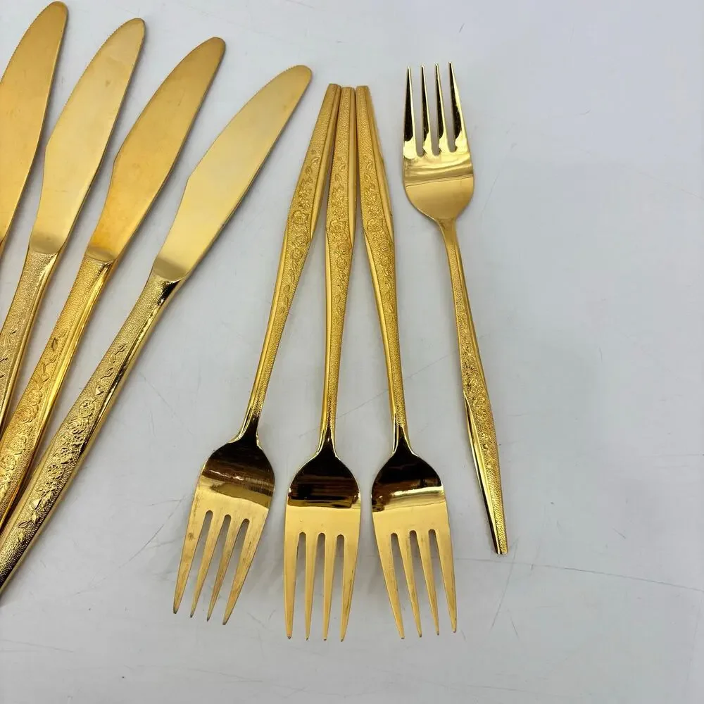 Golden Bouquet 14 Pcs Gold Tone Flatware Hollywood Regency Gold
